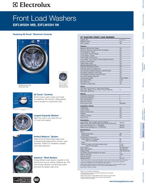 Electrolux Eiflw55Hmb Users Manual IQ Touch™ Front Load Washers EIFLW55HMB, EIFLW55HIW