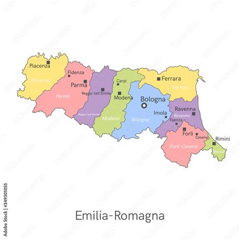 Vector illustration: administrative map of Emilia-Romagna with the ...