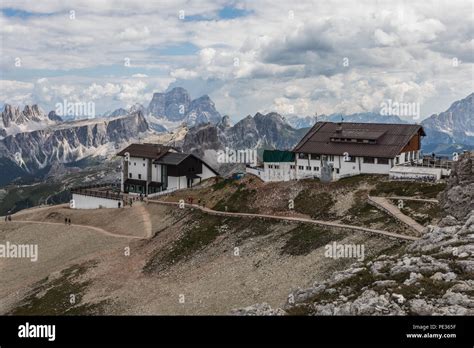 Rifugio Lagazuoi and Lagazuoi Cable Car station above Passo Falzarego ...