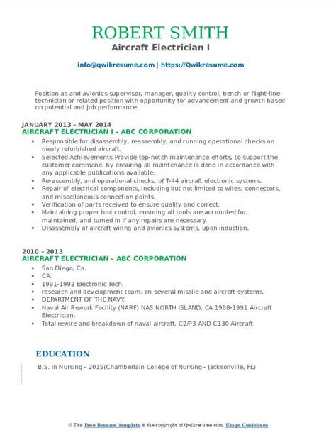 Aircraft Electrician Resume Samples | QwikResume