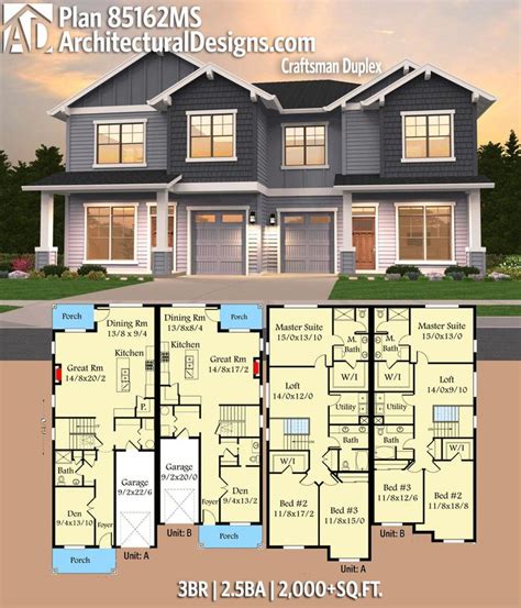 Plan 85162MS: 6-Bed Craftsman Duplex with Main Level Dens and 1-Car Garages | Family house plans ...