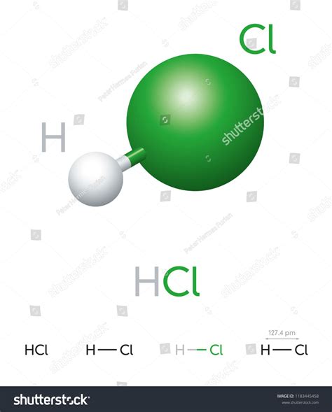 HCl. Hydrogen chloride. Molecule model, chemical formula, ball-and ...