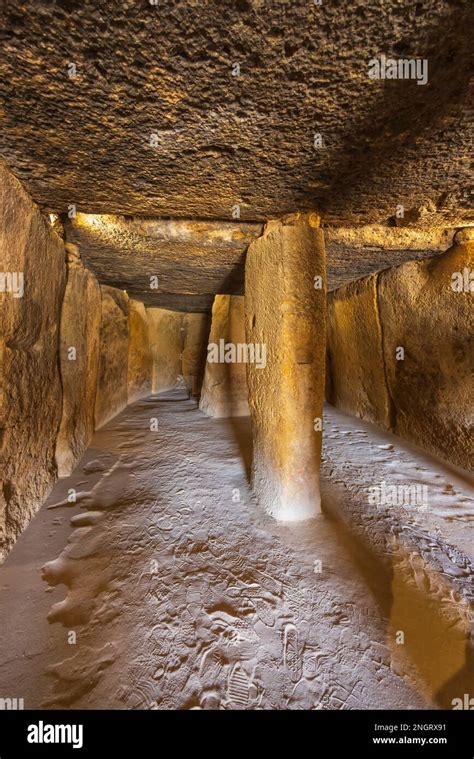 Interior of the Menga dolmen, view of the central pillar, UNESCO site, Antequera, Spain Stock ...