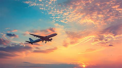 Airplane Taking Off At Sunset Silhouette Of A Flying Passenger Or Cargo Aircraft Airline ...