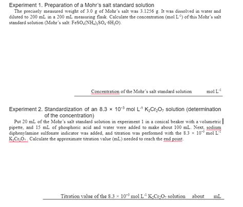 Solved Experiment 1. Preparation of a Mohr's salt standard | Chegg.com