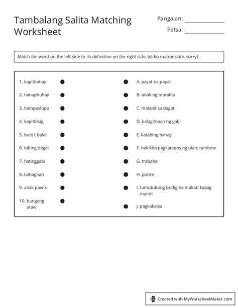 Tambalang Salita Matching Worksheet - My Worksheet Maker: Create Your ...