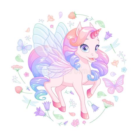 Cute Fairy Unicorn with Wings Surrounded with Flowers and Butterflies ...