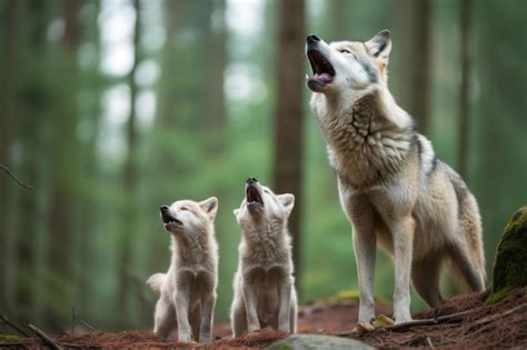 Premium AI Image | Two wolves howling with their baby in forest