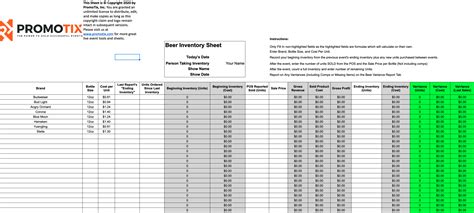 Events venue free beer inventory spreadsheet