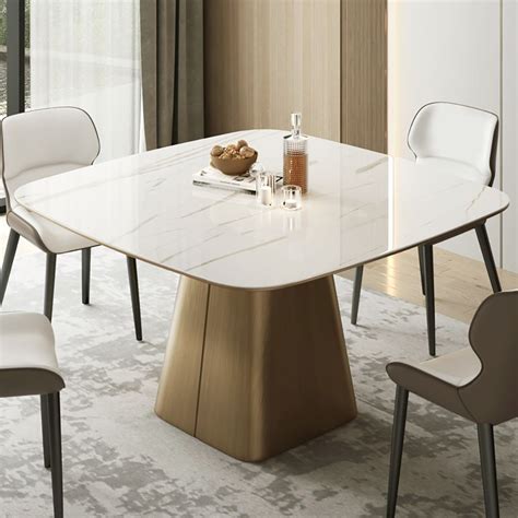 51.2" Modern Square Dining Table with Stone Top & Carbon Steel Trestle ...