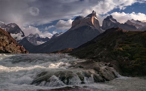 Rio Paine rapids and Cuernos del Paine. Torres del Paine National Park, Ultima Esperanza ...