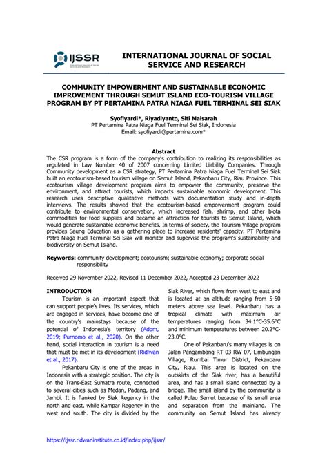 (PDF) Community Empowerment and Sustainable Economic Improvement through Semut Island Eco ...