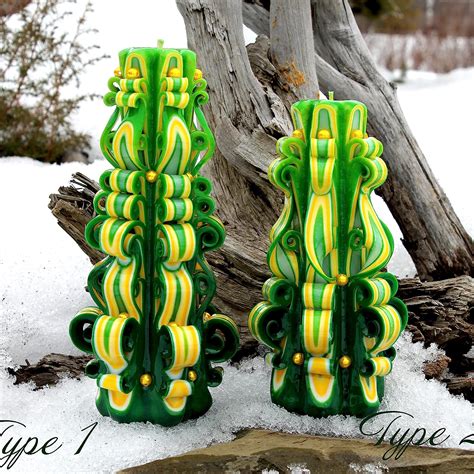 Green Yellow carved candles - decorative green candles - candles gift - Christmas carved candle ...