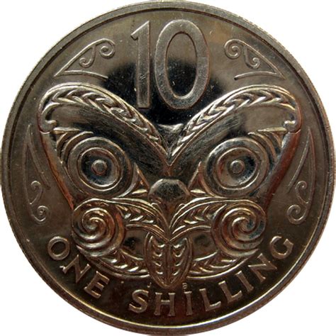 New Zealand 10 Cents (One Shilling) "Elizabeth II (2nd portrait)" 1967-1969 coin value KM# 35 ...