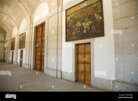 SPAIN El Escorial Paintings of battle scenes in palace hallway built in 16th century by King ...