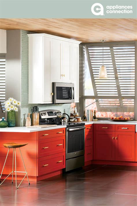 GE Profile Kitchen Appliance Package in slate with red and white cabinets | Kitchen appliance ...