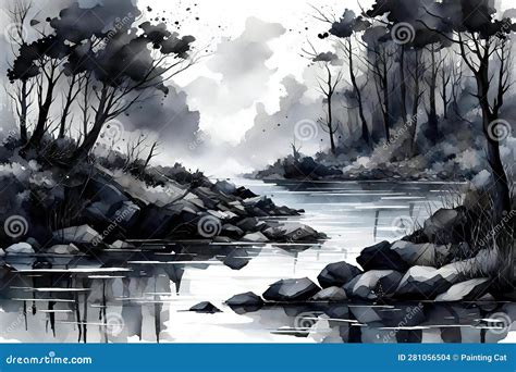 Watercolor Landscape with River and Trees in Black and White Colors ...