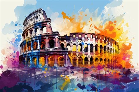 Watercolor Roman Colosseum with Paint Splatter. Ancient Roman Amphitheater Stock Image - Image ...
