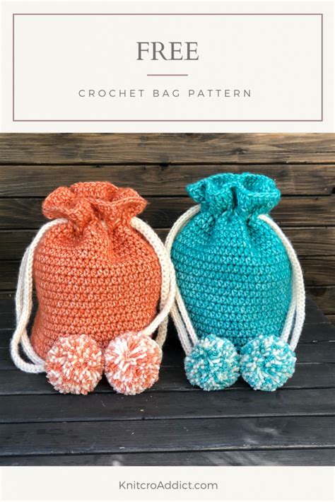 Crochet Drawstring Bag Pattern with Pom Poms - KnitcroAddict