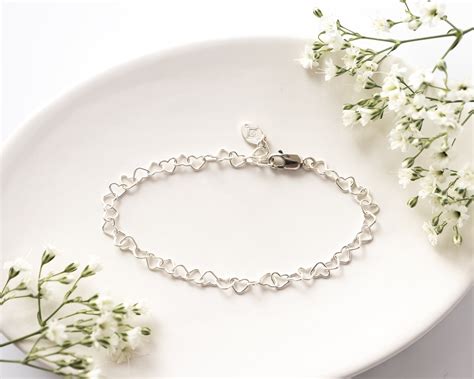 Sterling Silver Heart Chain Bracelet, Adjustable Length