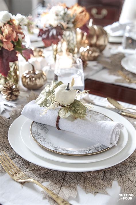 Elegant White & Gold Thanksgiving Table Setting - Setting for Four