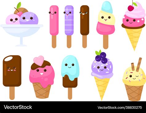 Cute faces ice cream kids cartoon characters Vector Image