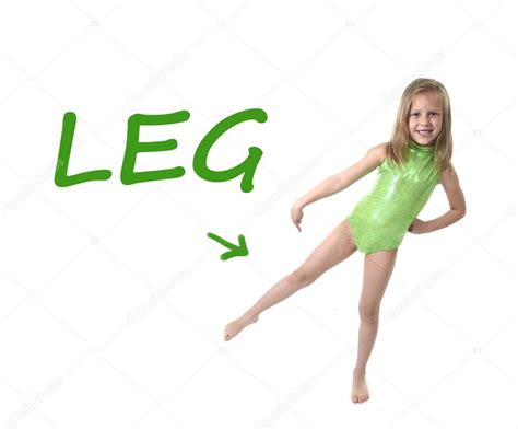 Cute little girl pointing leg in body parts learning English words at school — Stock Photo ...