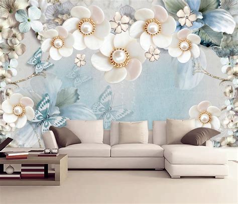 White florals with Blue flowers and butterflies 3D / 5D / 8D wall ...