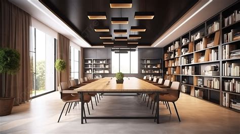 Contemporary Conference Room With Acrylic Wood Table And Sleek Bookcase ...