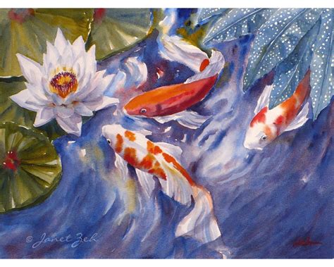 Koi Fish Original Watercolor Painting 11x14 Waterlily Pond Art