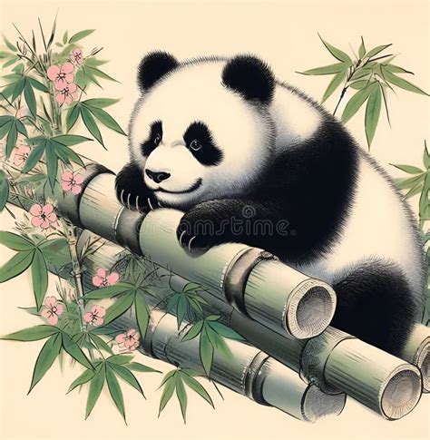 A Cute Bamboo Panda Painting. Stock Illustration - Illustration of ...