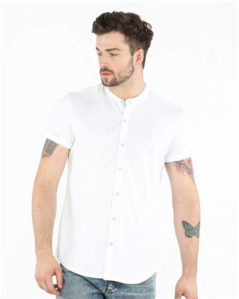 Buy White Mandarin Collar Pique Shirt Online at Bewakoof