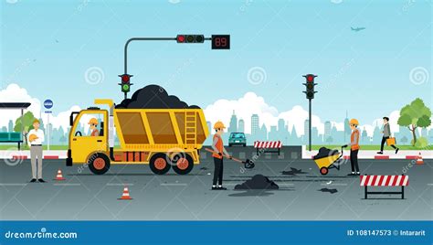 Road surface repair stock vector. Illustration of workers - 108147573