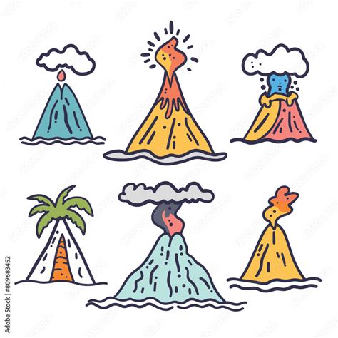 Six colorful cartoonstyle volcanoes erupting, tropical, ash clouds. Handdrawn vibrant volcanoes ...