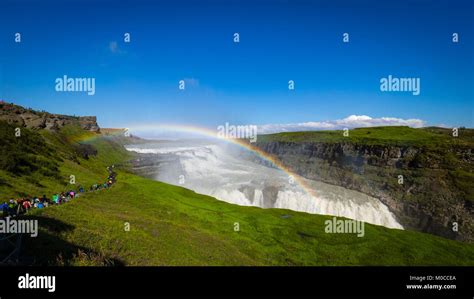 Rainbow over Gullfoss waterfall, Golden Circle, Iceland on bright ...