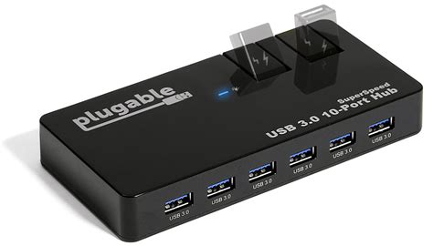 Plugable Driverless USB Hub, 10 Port - USB 3.0 5Gbps with 48W Power Adapter and Two Flip-Up ...