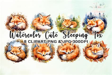 Watercolor Cute Sleeping Fox Clipart Graphic by Venime · Creative Fabrica