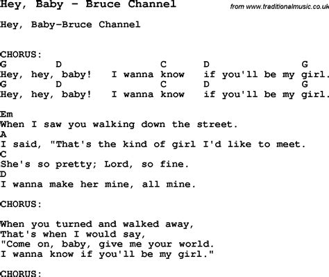 Song Hey, Baby by Bruce Channel, song lyric for vocal performance plus ...