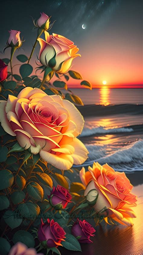 roses on the beach at sunset with moon and stars in the sky behind them, painting by numbers