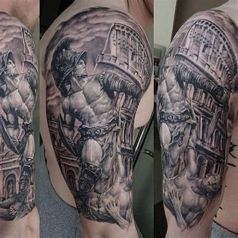 Ancient Rome themed black ink gladiator statue tattoo on shoulder with ...