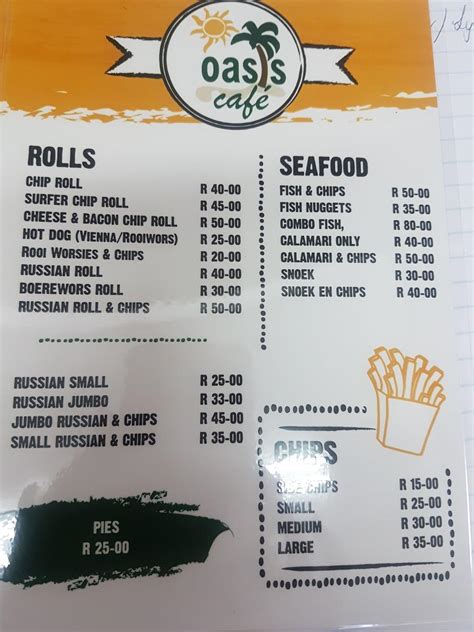 Menu at Oasis Cafe, Mossel Bay