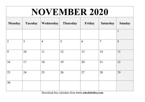 Printable November 2020 Calendar Template - Download Now