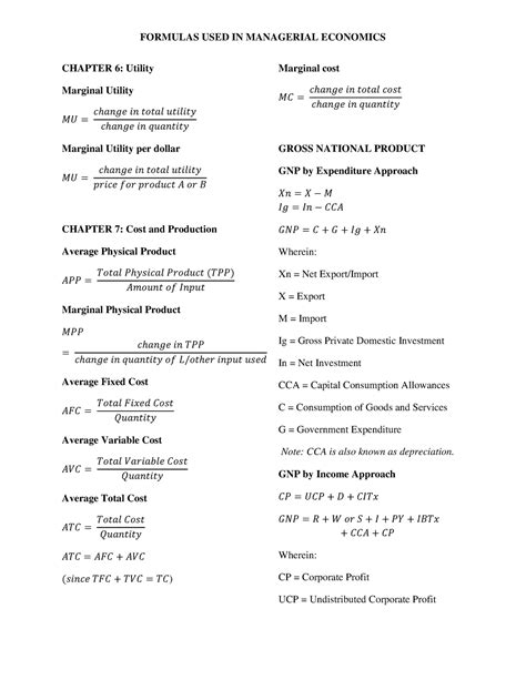 FORMULAS IN MANAGERIAL ECONOMICS - FORMULAS USED IN MANAGERIAL ECONOMICS CHAPTER 6: Utility ...