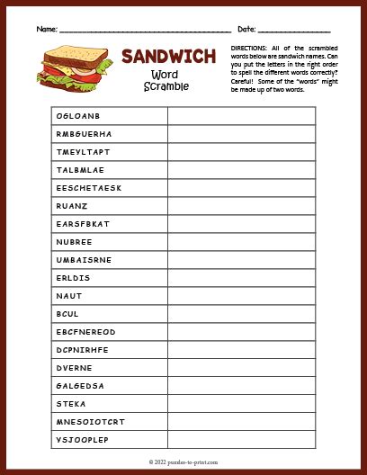 Sandwiches Word Scramble