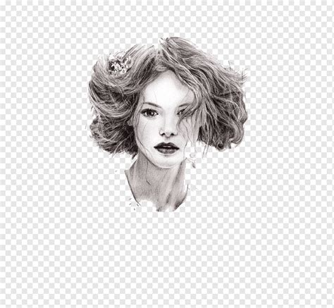 Portrait Drawing Pencil Fashion, Simple gray curly hair beauty, face, black Hair, head png | PNGWing