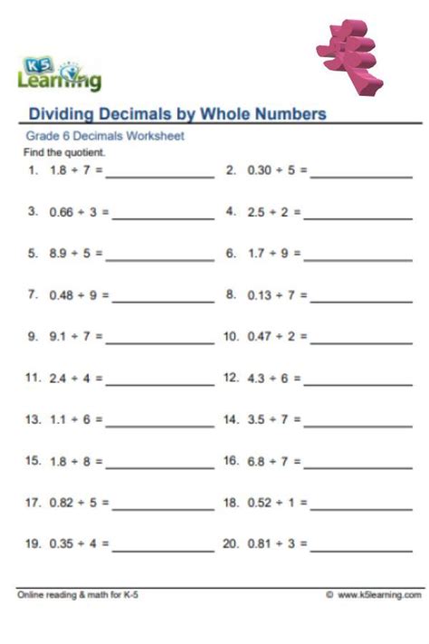 GRADE 6 PRINTABLE WORKSHEET#6 | DIVISION OF DECIMALS ~CHECK FOR ANS ...