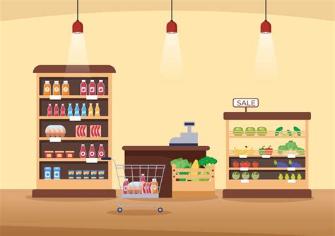 Supermarket with Shelves, Grocery Items and Full Shopping Cart, Retail ...