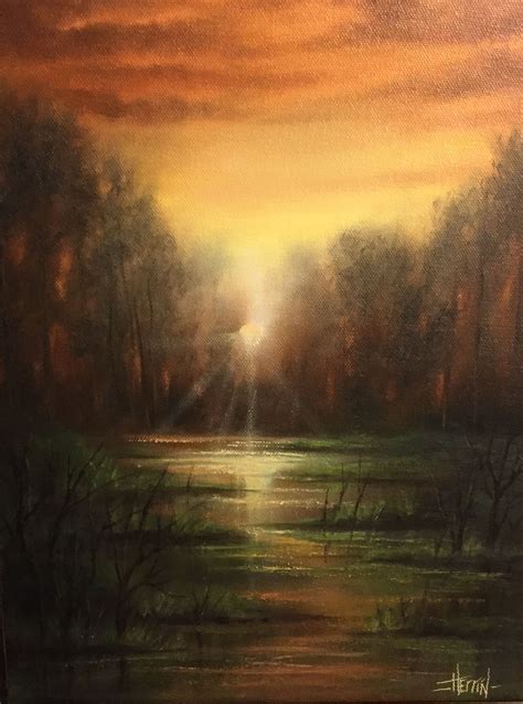 an oil painting of a sunset over a river with trees and grass in the foreground