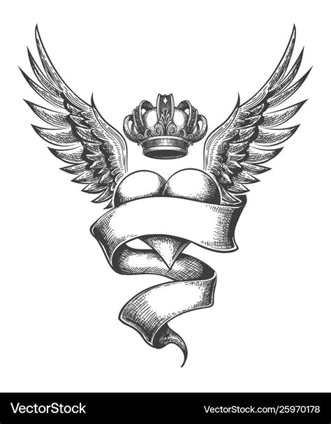 Heart with crown and wings tattoo in engraving Vector Image