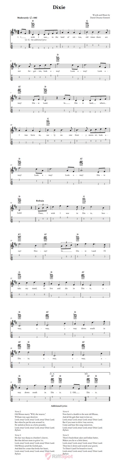 Dixie: Chords, Sheet Music, and Tab for Baritone Ukulele with Lyrics